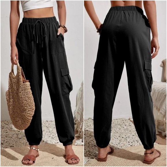 024 Comfy Black Pocket Jogger Cargo Trouser Pants - Picture 2 of 4